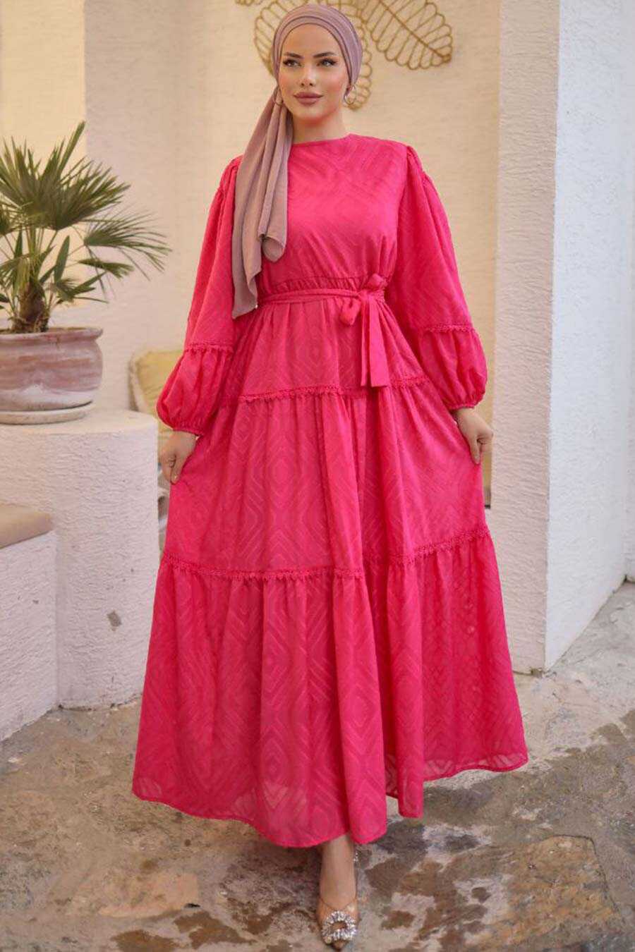 Modest Fuchsia Long Sleeve Dress 14131F