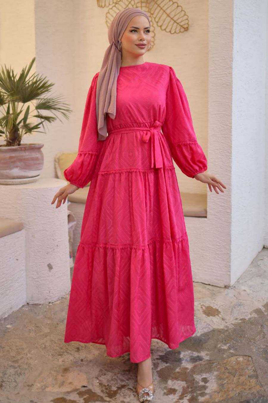 Modest Fuchsia Long Sleeve Dress 14131F