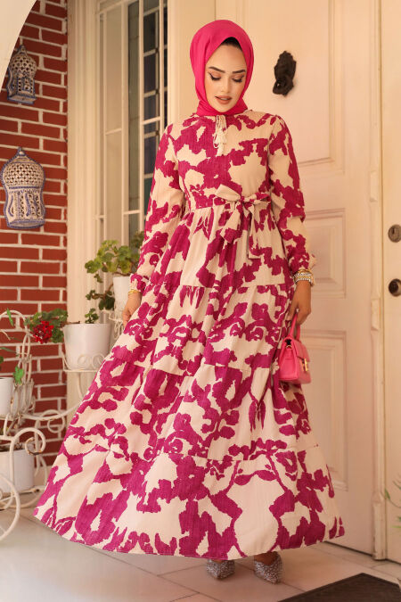 Modest Fuchsia Long Sleeve Dress 23143F - NEVA STYLE