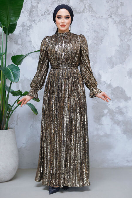 Modest Gold Evening Gown With Long Sleeve 44961GOLD - NEVA STYLE