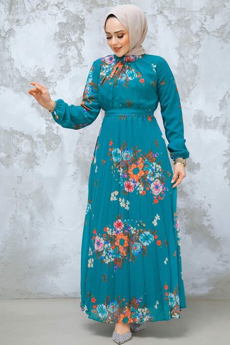 Modest Green Floral Dress 34468Y - NEVA STYLE
