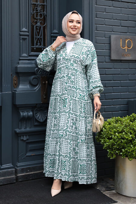 Modest Green Floral Long Dress 23587Y - Neva-style.com