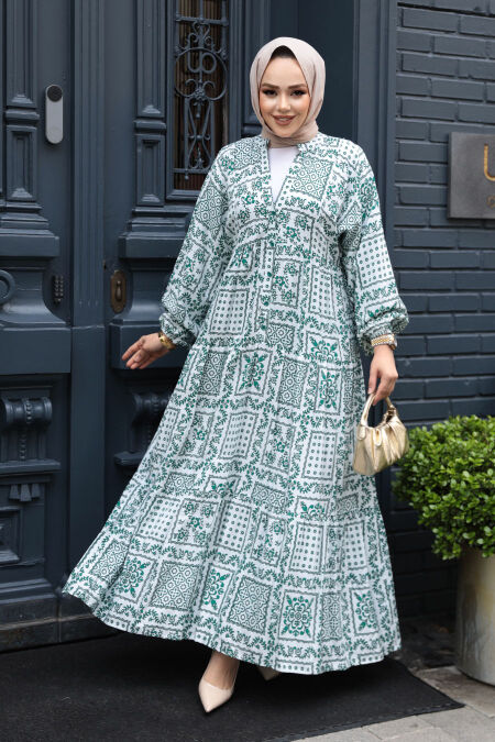 Modest Green Floral Long Dress 23587Y - NEVA STYLE