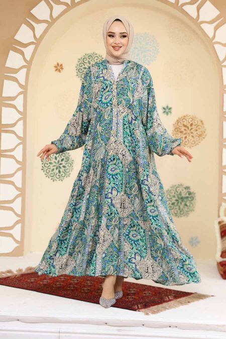 Modest Green Floral Maxi Dress 23454Y - NEVA STYLE