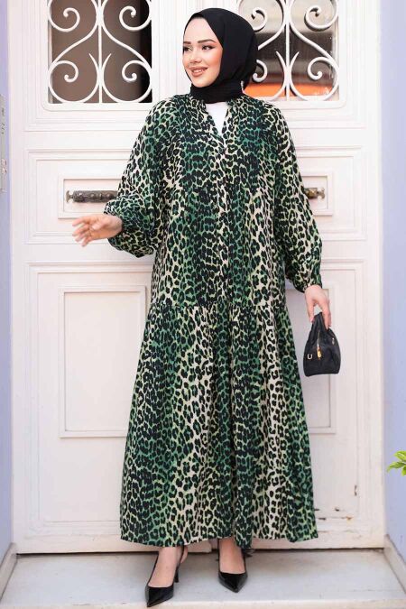 Modest Green Leopard Dress 52942Y - NEVA STYLE
