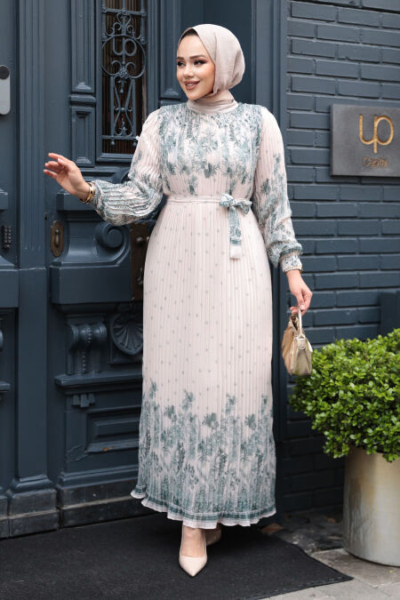 Modest Green Pleated Dress 23501Y - NEVA STYLE