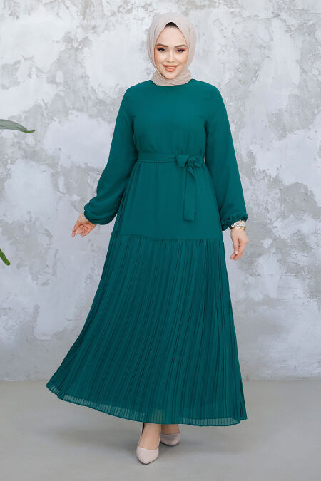 Modest Green Pleated Long Dress 23771Y - NEVA STYLE