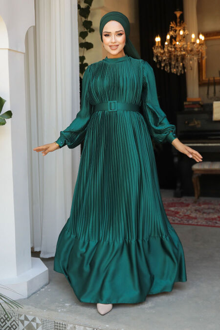Modest Green Pleated Maxi Dress 43532Y - NEVA STYLE