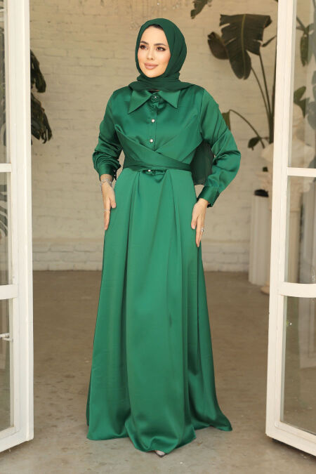 Modest Green Satin Dress 45661Y - NEVA STYLE