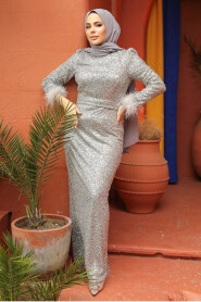 Modest Grey Elegant Evening Gown 45341GR - 3