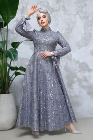 Modest Grey Elegant Evening Gown 4908GR - 3