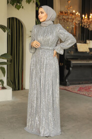Modest Grey Evening Gown With Long Sleeve 44961GR - 1