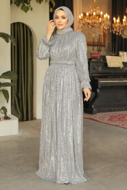 Modest Grey Evening Gown With Long Sleeve 44961GR - 2