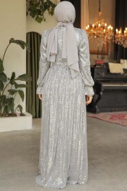 Modest Grey Evening Gown With Long Sleeve 44961GR - 3