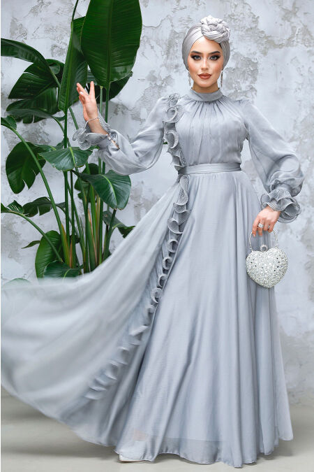 Modest Grey Evening Long Dress 48571GR - NEVA STYLE