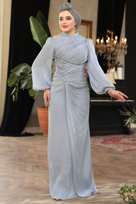 Modest Grey Evening Long Dress 50781GR - NEVA STYLE