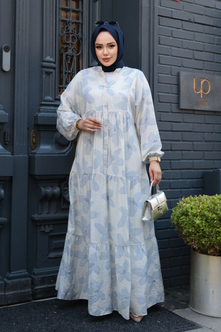 Modest Grey Floral Long Dress 19035GR - NEVA STYLE