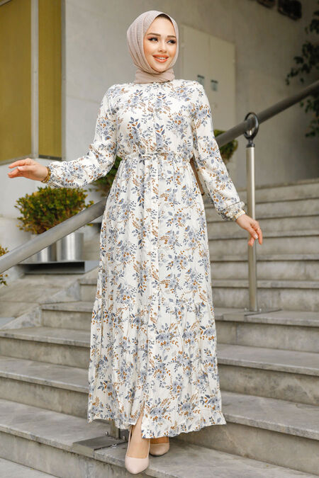Modest Grey Floral Long Sleeve Dress 50251GR - NEVA STYLE