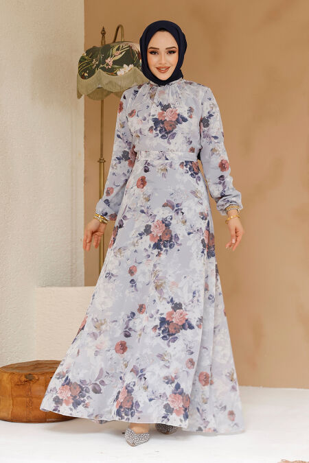 Modest Grey Floral Plus Size Dress 27961GR - NEVA STYLE