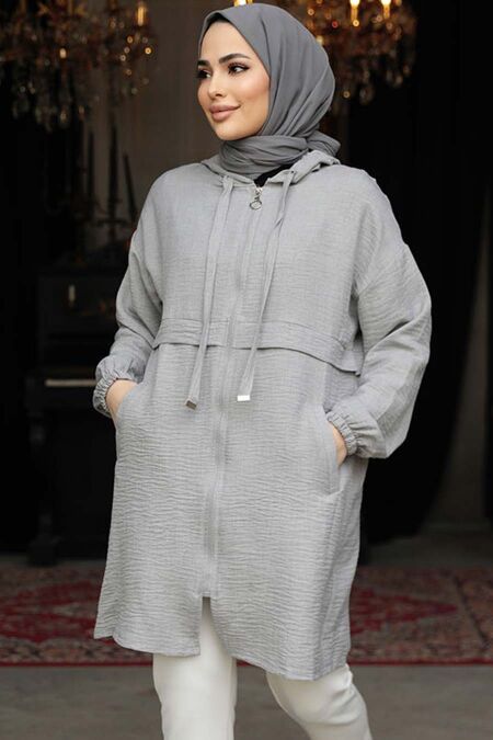 Modest Grey For Women Coat 6686GR - NEVA STYLE