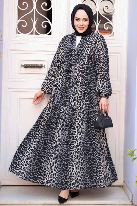 Modest Grey Leopard Dress 52942GR - NEVA STYLE