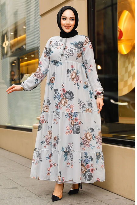 Modest Grey Long Floral Dress 22052GR - Neva-style.com