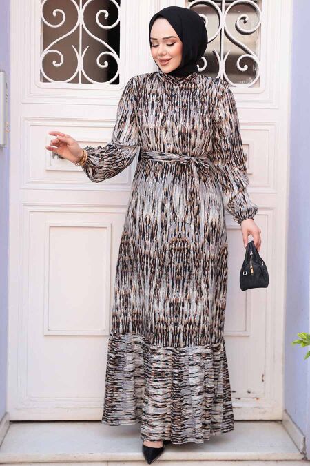 Modest Grey Patterned Dress 52721GR - NEVA STYLE