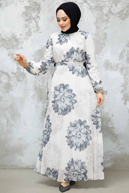 Modest Grey Pleated Floral Dress 344603GR - NEVA STYLE