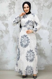 Modest Grey Pleated Floral Dress 344603GR - 2