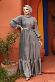 Modest Grey Pleated Maxi Dress 43532GR - 3