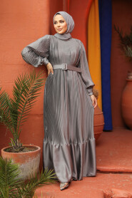 Modest Grey Pleated Maxi Dress 43532GR - 4