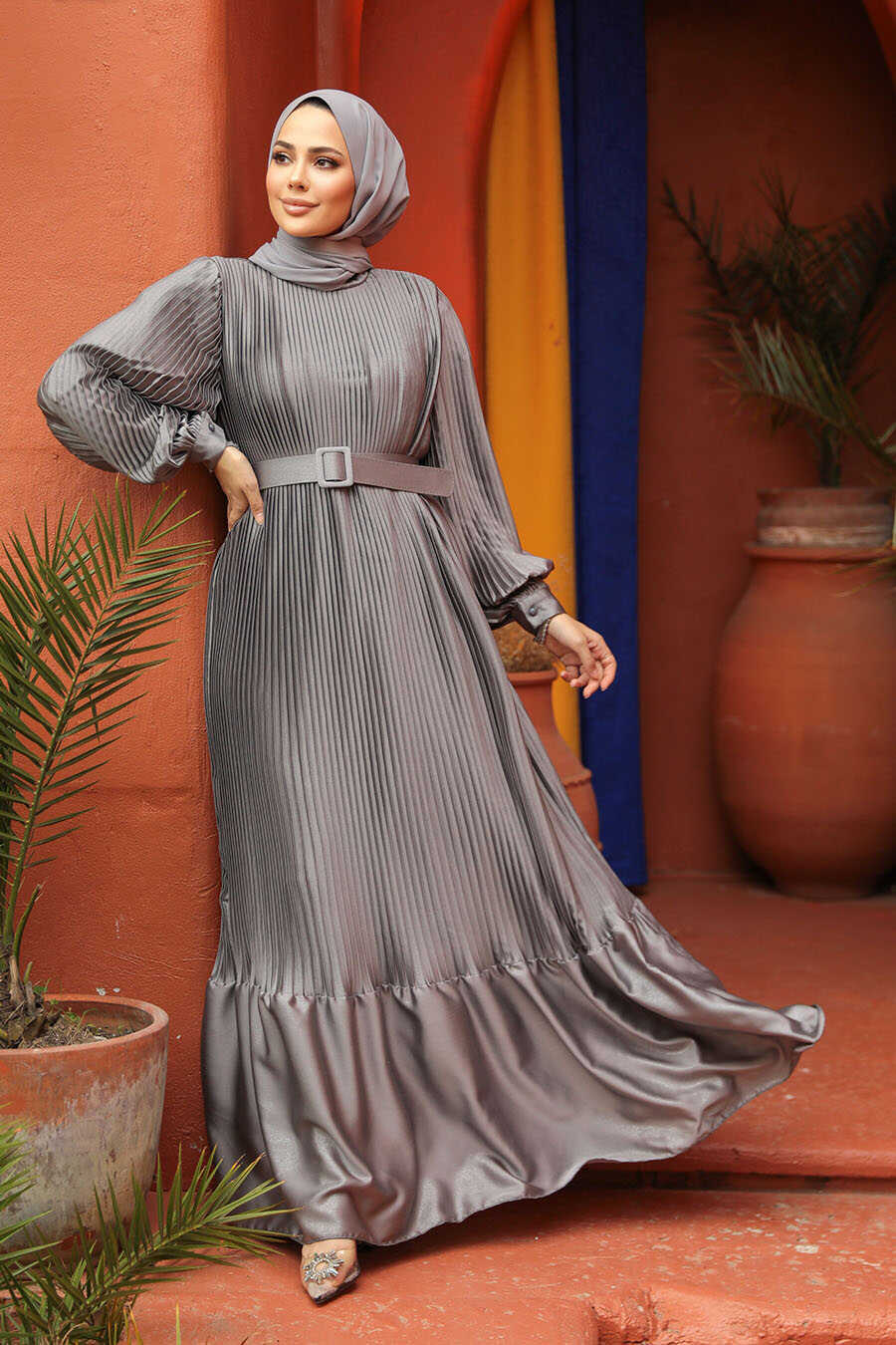 Modest Grey Pleated Maxi Dress 43532GR Neva style