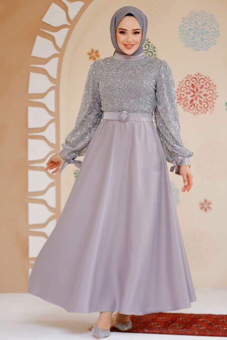 Modest Grey Satin Evening Gown 6176GR - NEVA STYLE