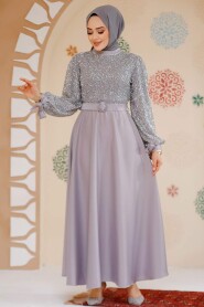 Modest Grey Satin Evening Gown 6176GR - 2