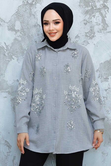 Modest Grey Shirt Tunic 45270GR - NEVA STYLE