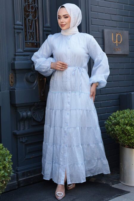 Modest İce Blue Long Sleeve Dress 75371BM - NEVA STYLE
