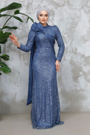 Modest İndigo Blue Bridal Dress 50541IM - 2