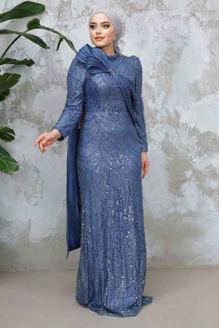 Modest İndigo Blue Bridal Dress 50541IM - NEVA STYLE