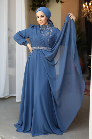 Modest İndigo Blue Bridesmaid Dress 25885IM - 2