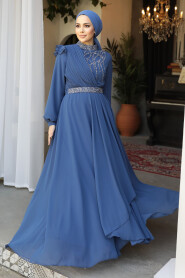 Modest İndigo Blue Bridesmaid Dress 25885IM - 3