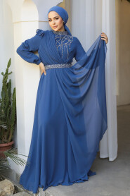 Modest İndigo Blue Bridesmaid Dress 25885IM - 4