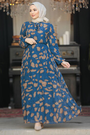 Modest İndigo Blue Chiffon Long Dresses 50354IM - 2