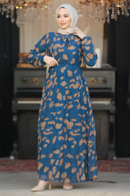 Modest İndigo Blue Chiffon Long Dresses 50354IM - 3