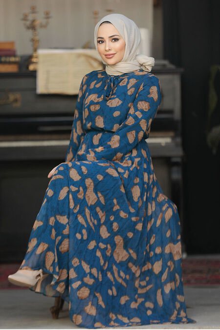 Modest İndigo Blue Chiffon Long Dresses 50354IM - NEVA STYLE