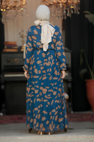 Modest İndigo Blue Chiffon Long Dresses 50354IM - 4