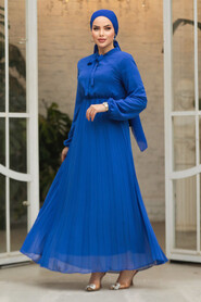 Modest İndigo Blue Chiffon Maxi Dresses 50351IM - 2