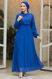 Modest İndigo Blue Chiffon Maxi Dresses 50351IM - 3