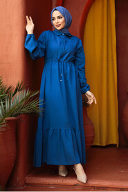 Modest İndigo Blue Eid Dress 23181IM - 1