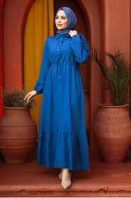 Modest İndigo Blue Eid Dress 23181IM - 2
