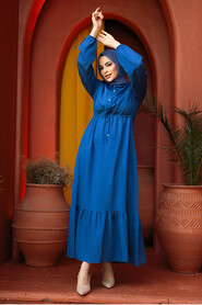 Modest İndigo Blue Eid Dress 23181IM - 3